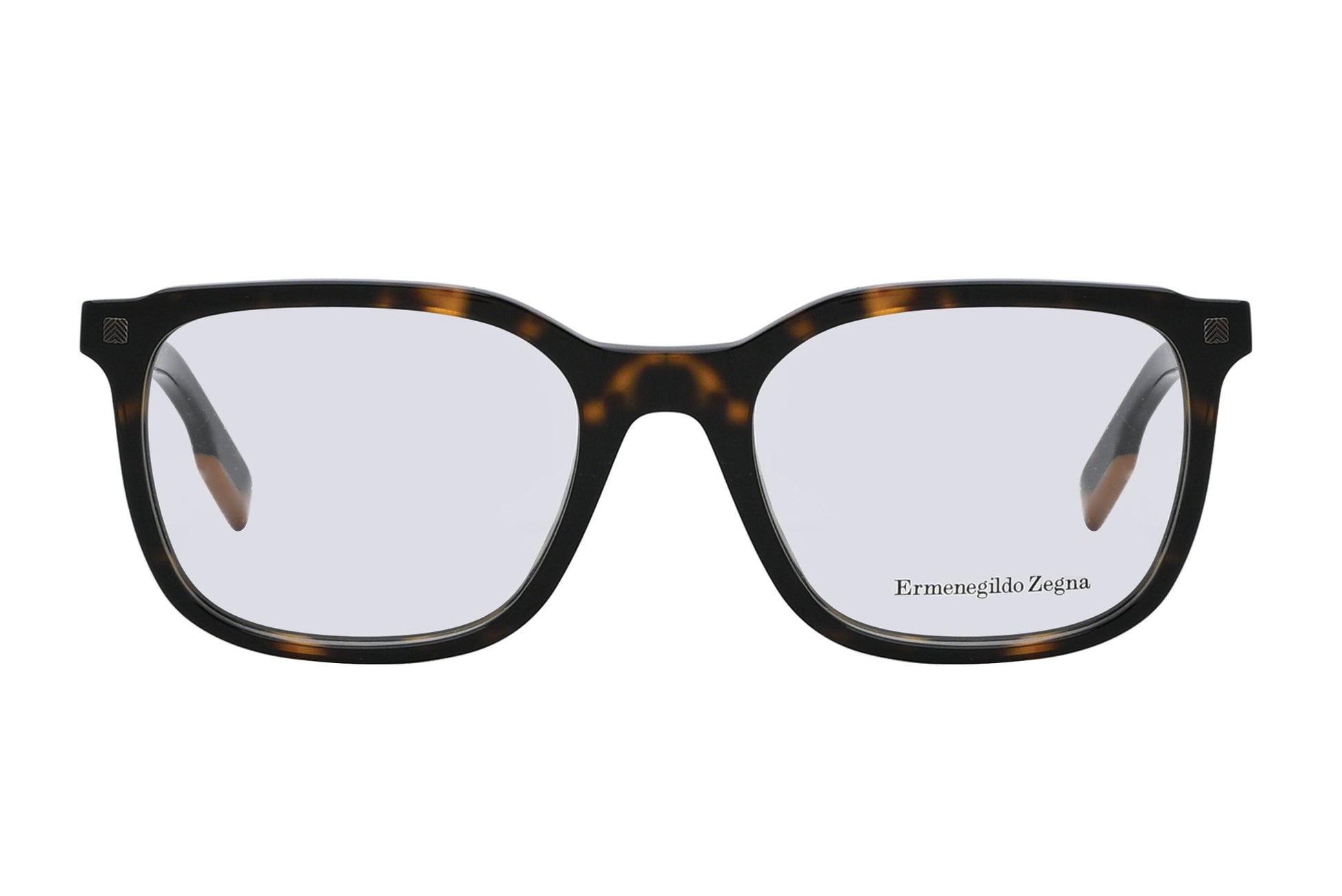 Tortoiseshell eyeglasses with 'Ermenegildo Zegna' branding on a white background