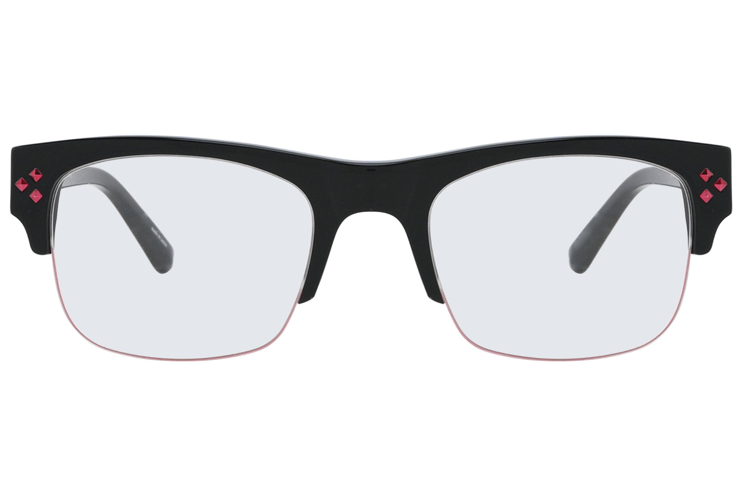 Black eyeglasses with red heart accents on a white background