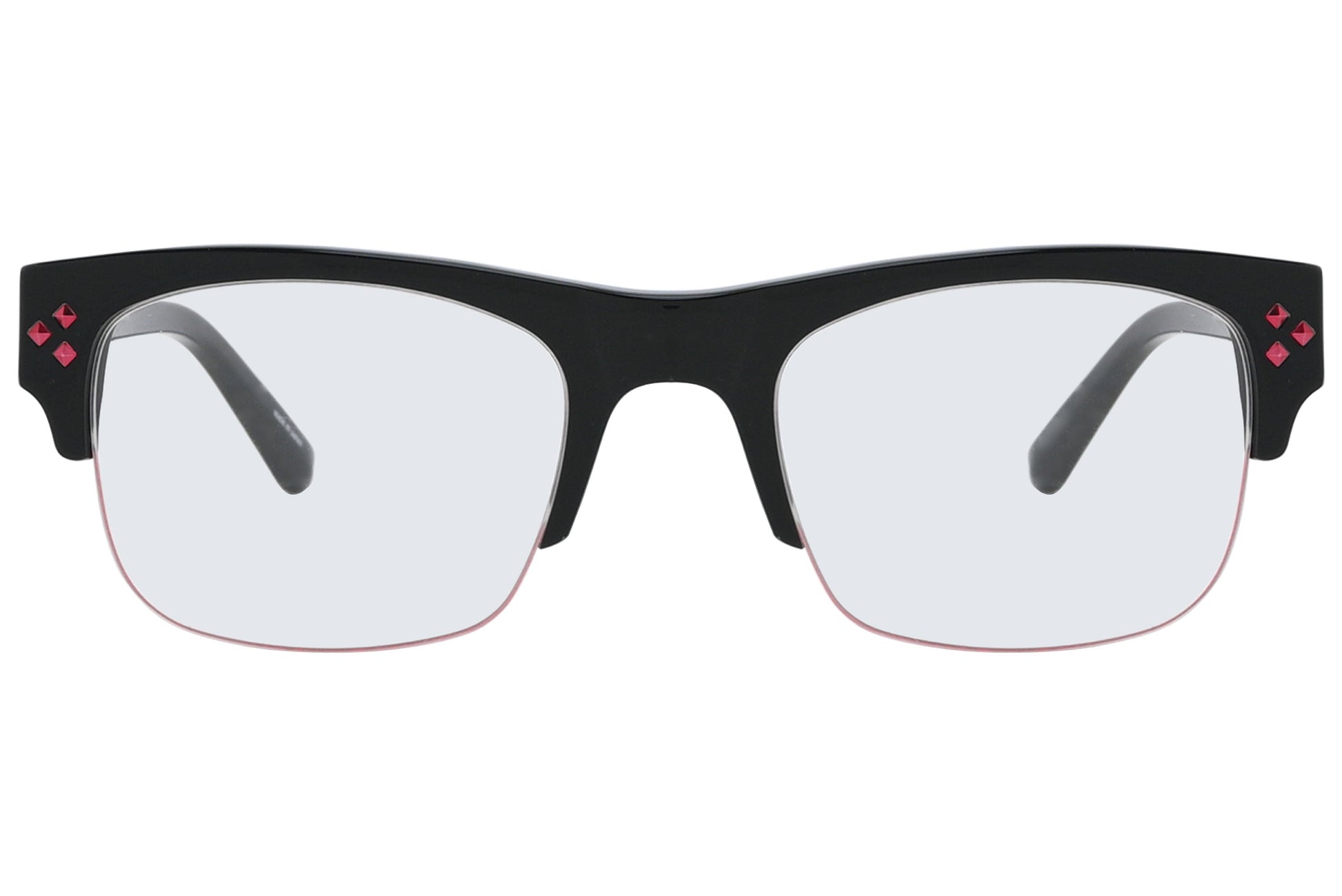 Black eyeglasses with red heart accents on a white background