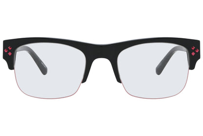 Black eyeglasses with red heart accents on a white background
