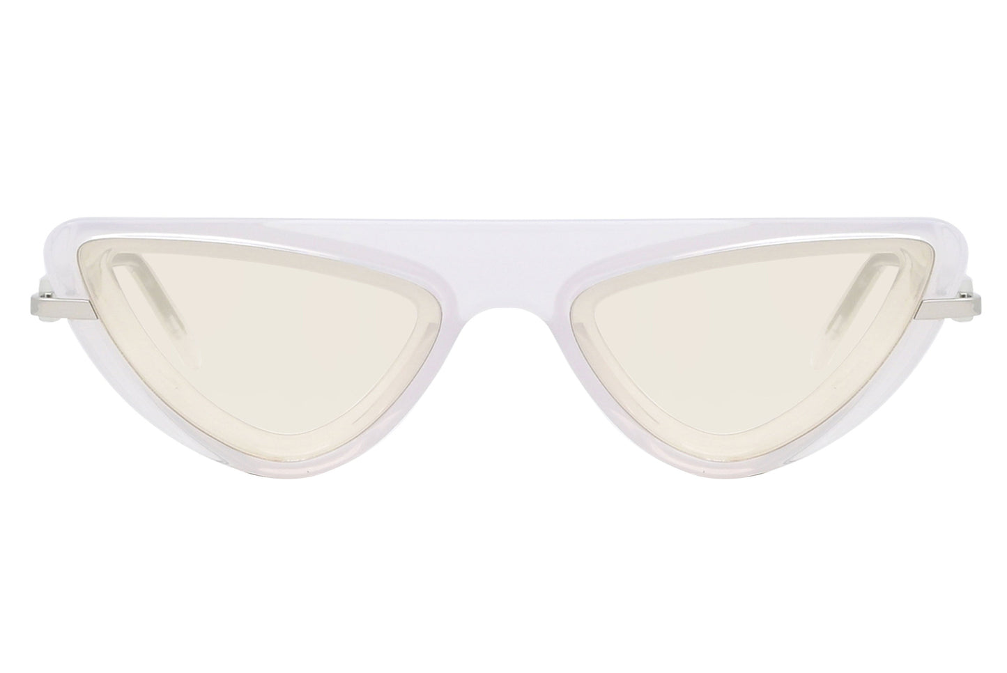 White cat-eye sunglasses with light-colored lenses on a white background