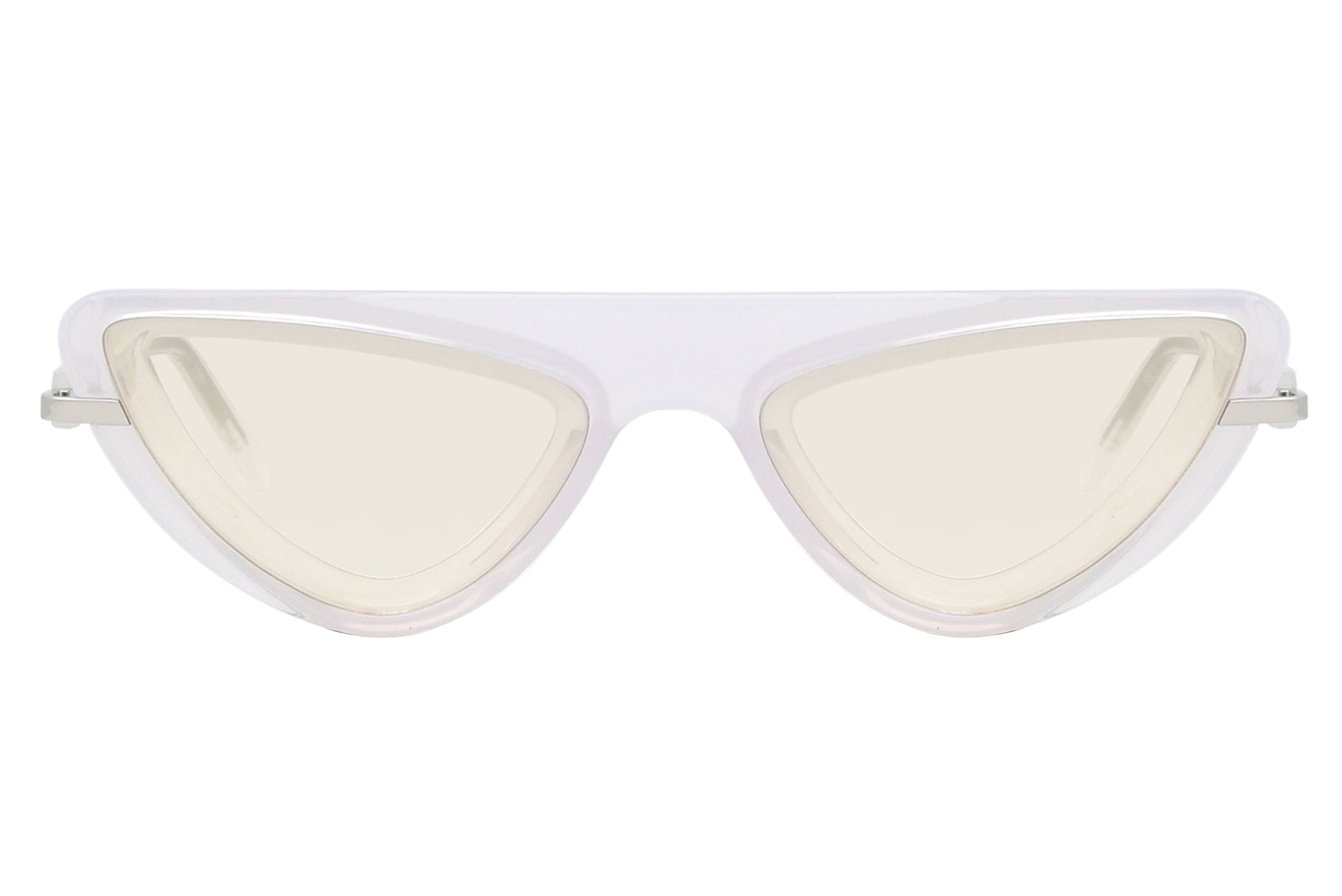 White cat-eye sunglasses with light-colored lenses on a white background