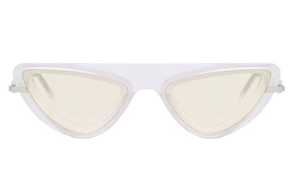 White cat-eye sunglasses with light-colored lenses on a white background