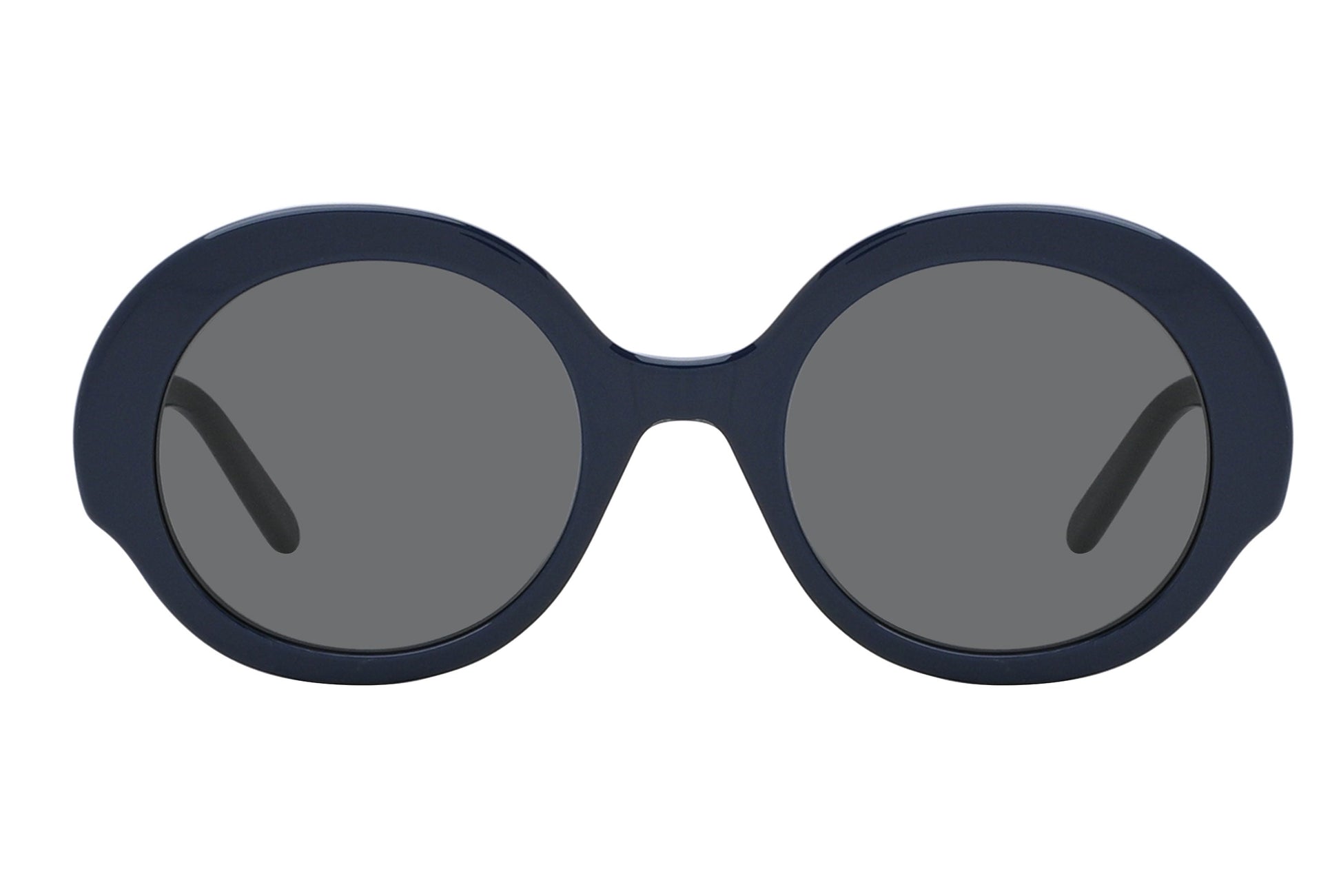 Sunglasses with dark lenses and navy blue frame on a white background