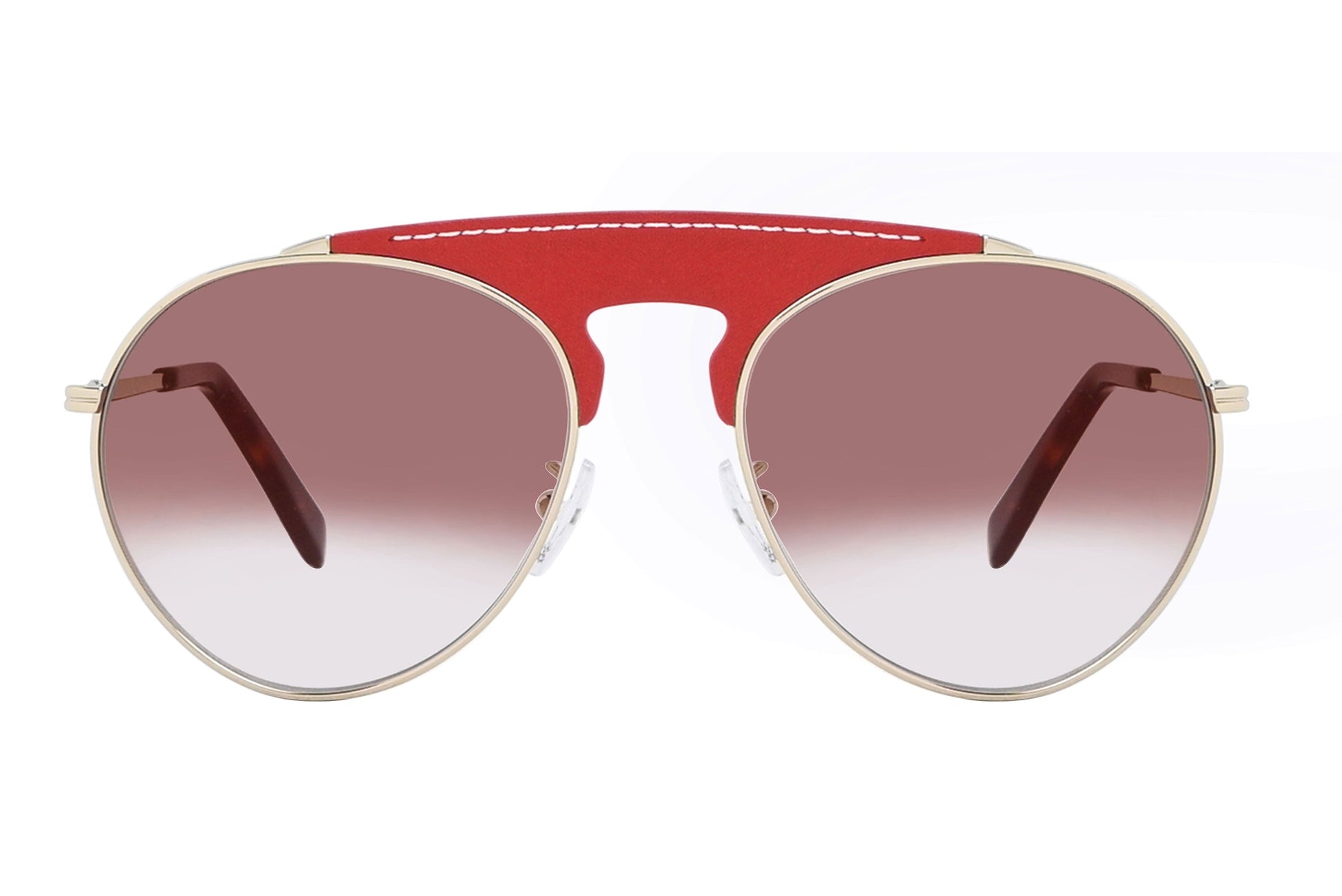 Aviator sunglasses with red frame and gradient lenses on a white background