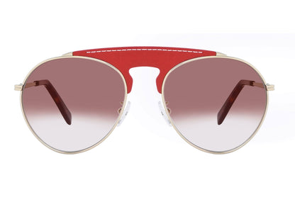Aviator sunglasses with red frame and gradient lenses on a white background