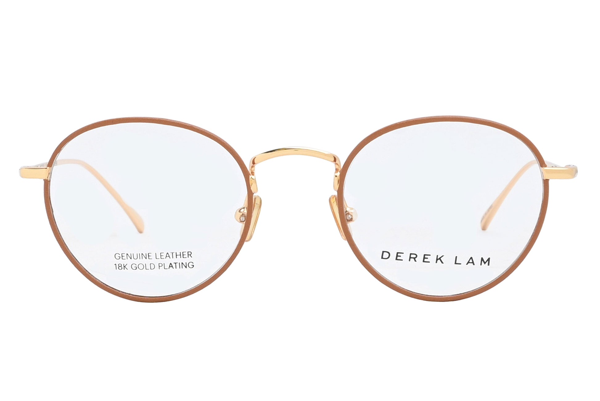 Gold-framed eyeglasses with 'Derek Lam' branding on a white background