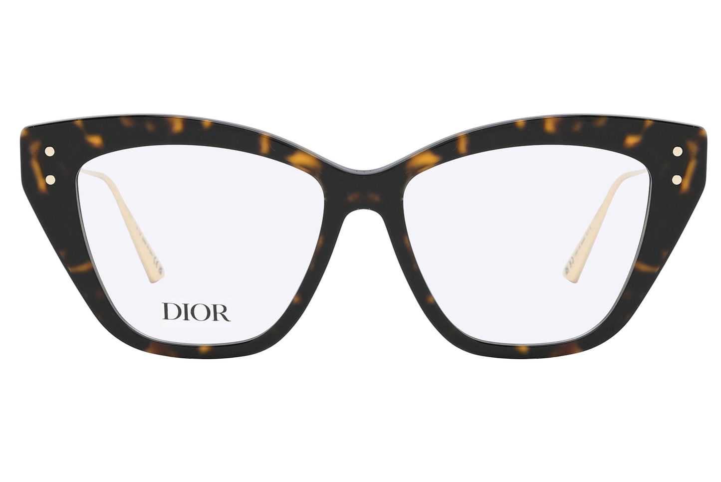 Tortoiseshell cat-eye glasses with Dior logo on a white background