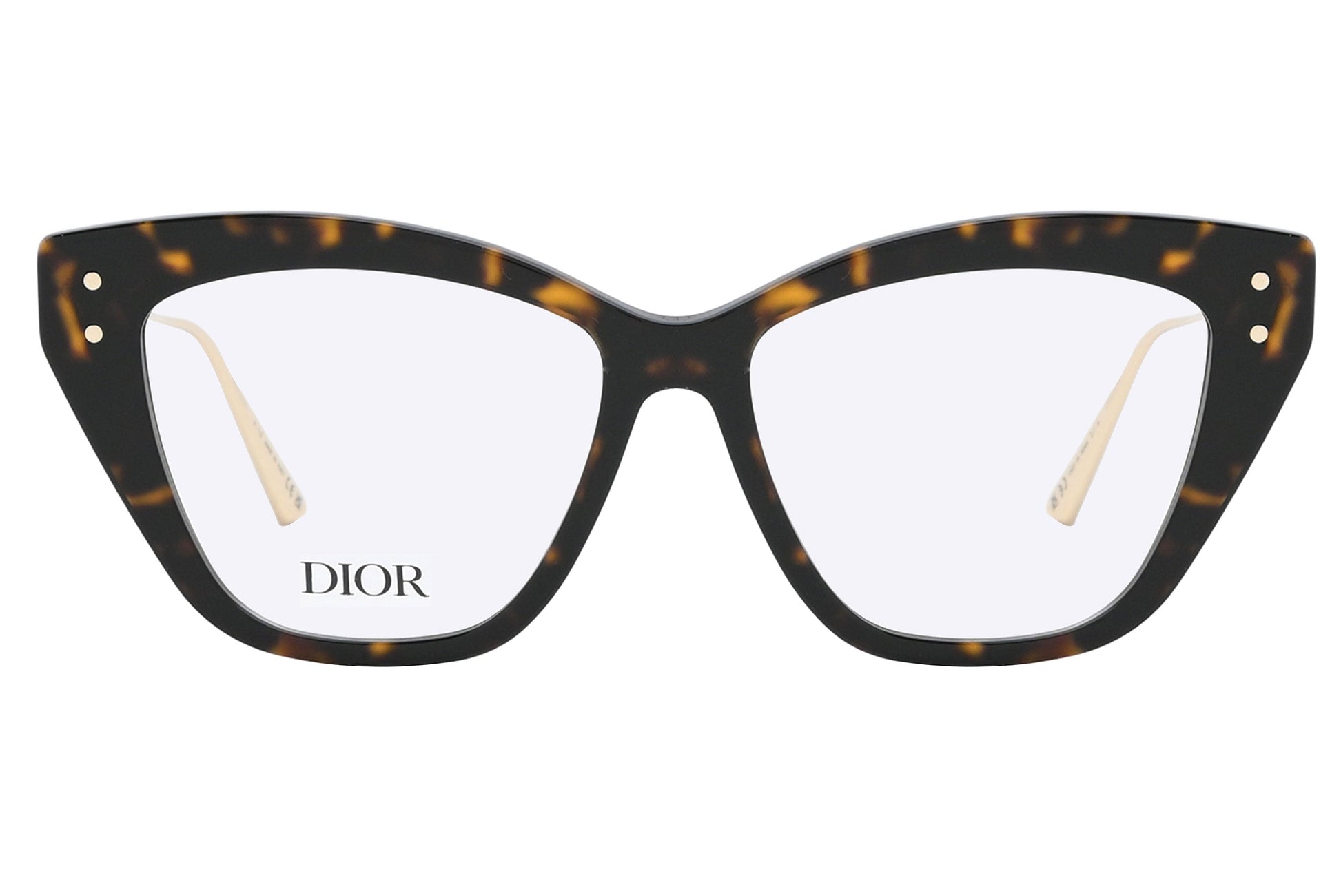 Tortoiseshell cat-eye glasses with Dior logo on a white background