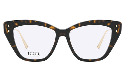 Tortoiseshell cat-eye glasses with Dior logo on a white background