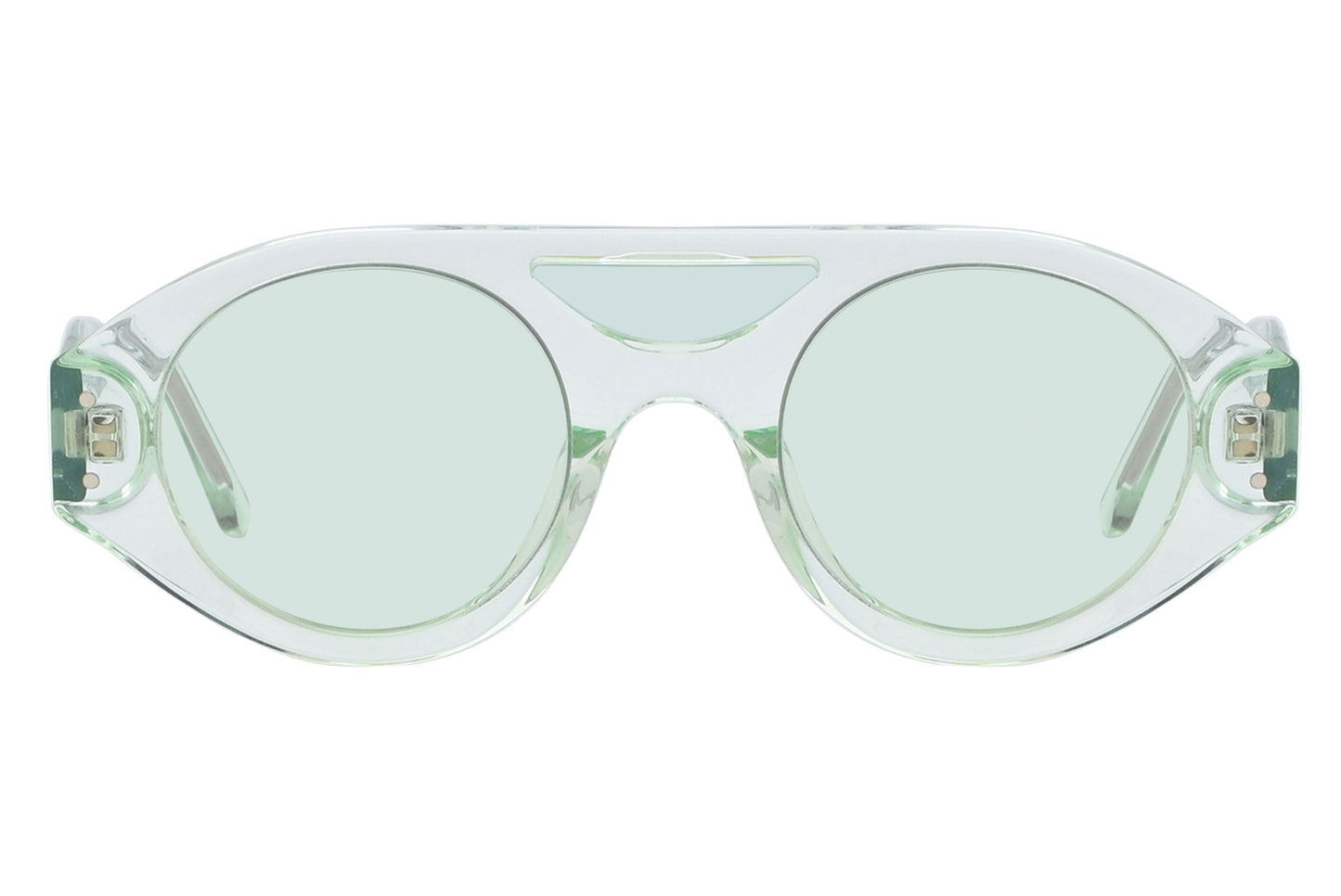 Sunglasses with transparent frame and green lenses on a white background