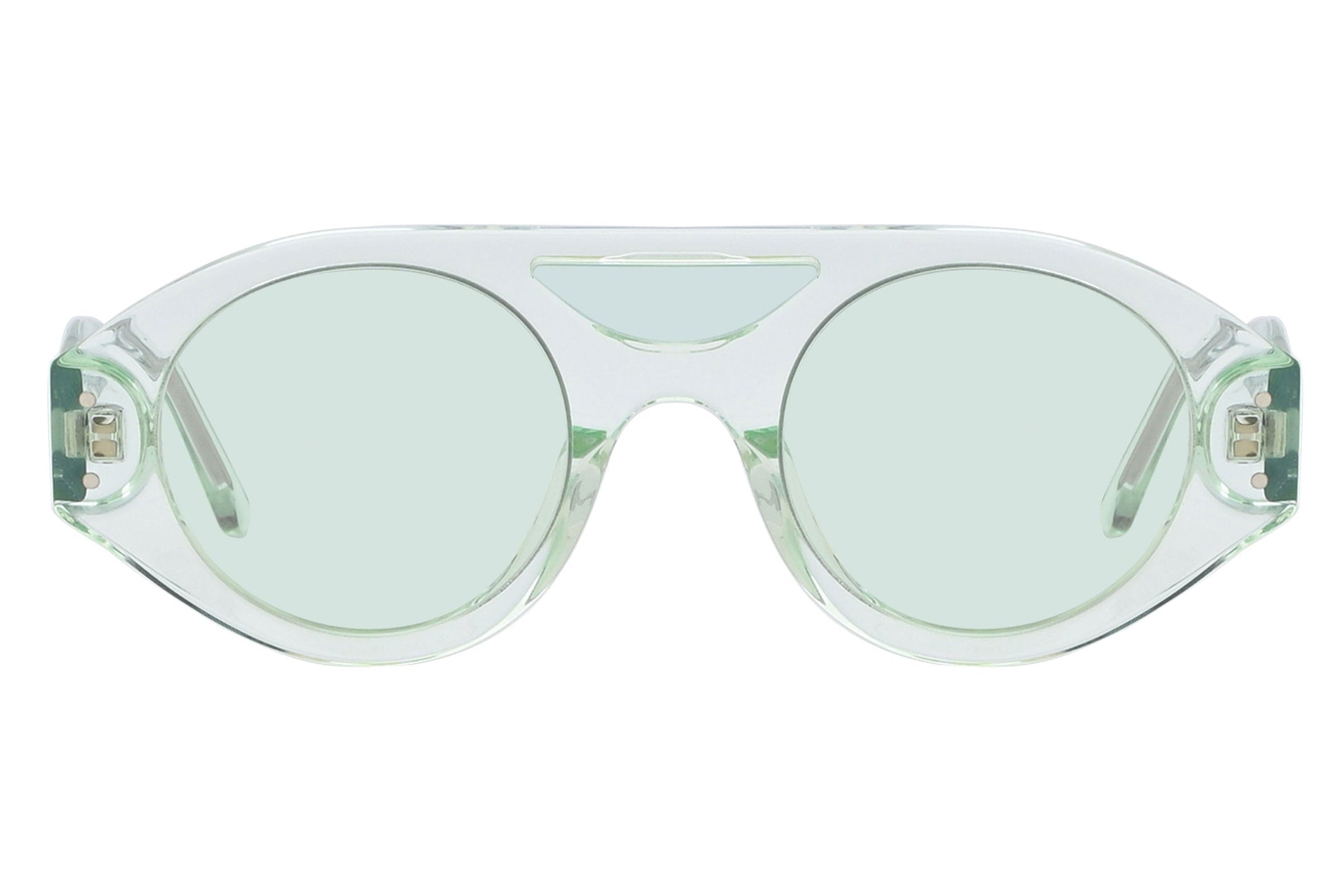 Sunglasses with transparent frame and green lenses on a white background
