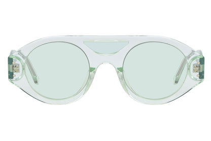 Sunglasses with transparent frame and green lenses on a white background