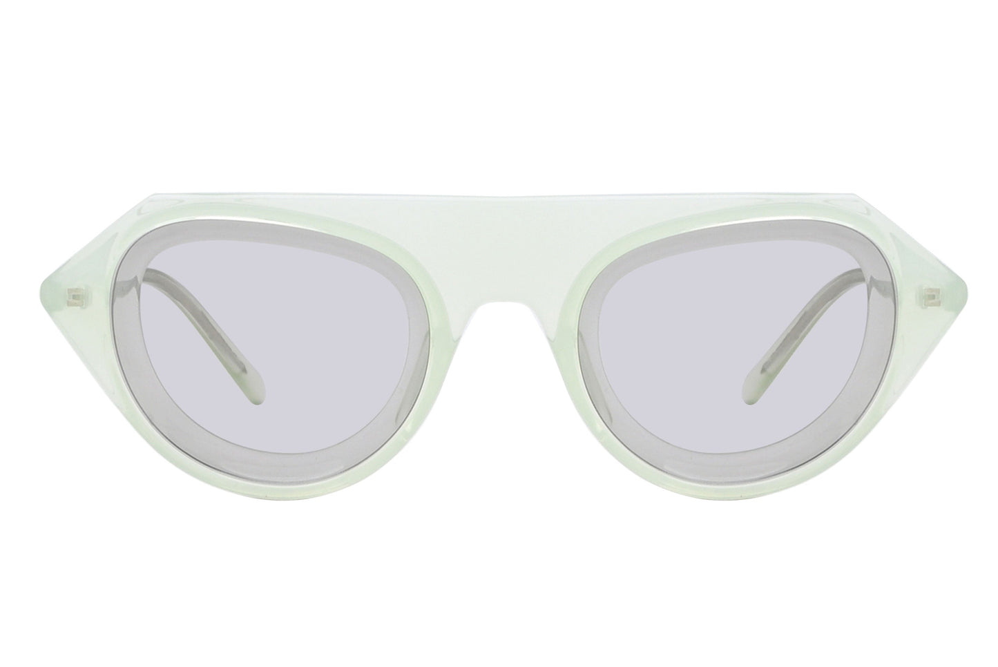 Sunglasses with a light green frame and clear lenses on a white background