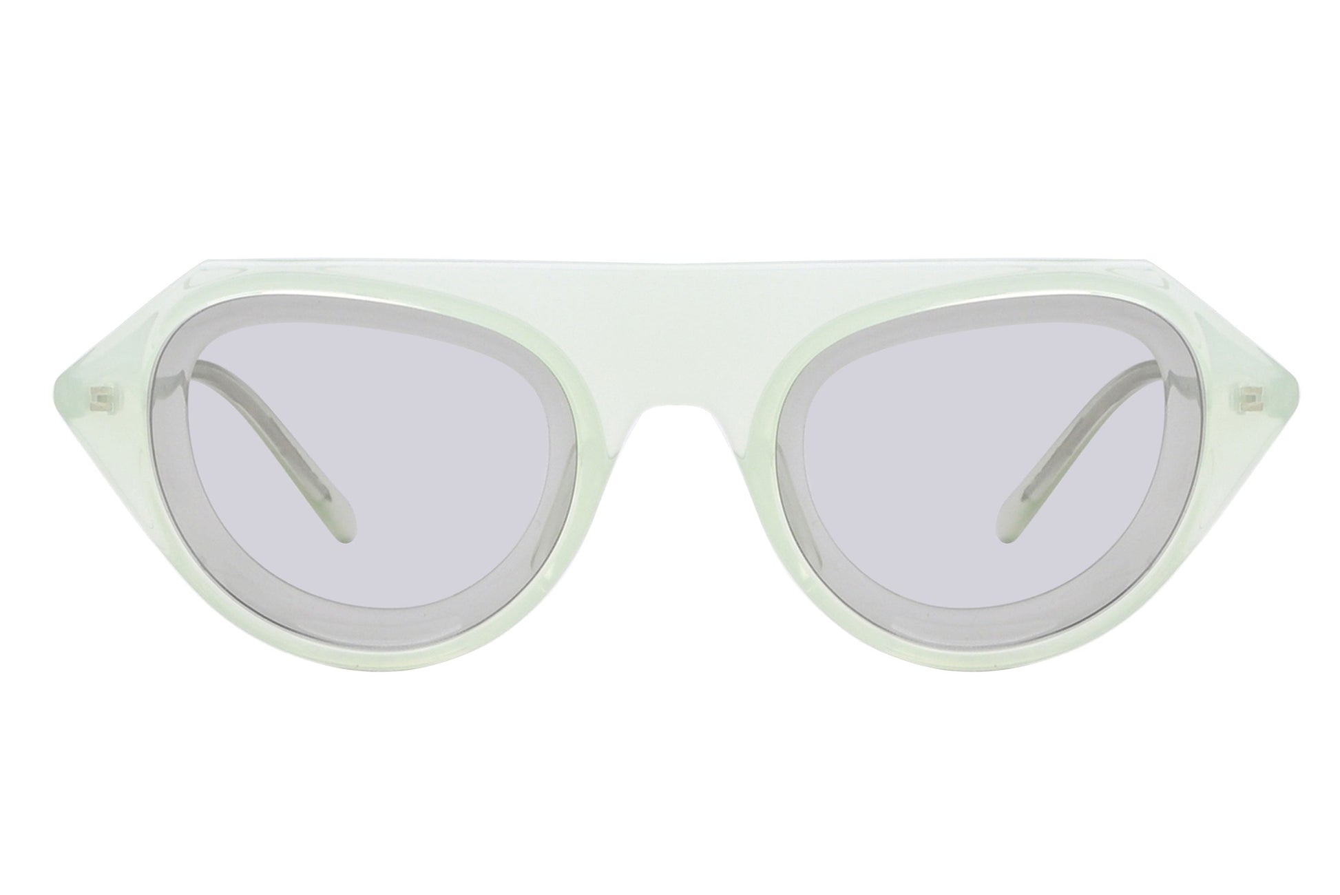 Sunglasses with a light green frame and clear lenses on a white background