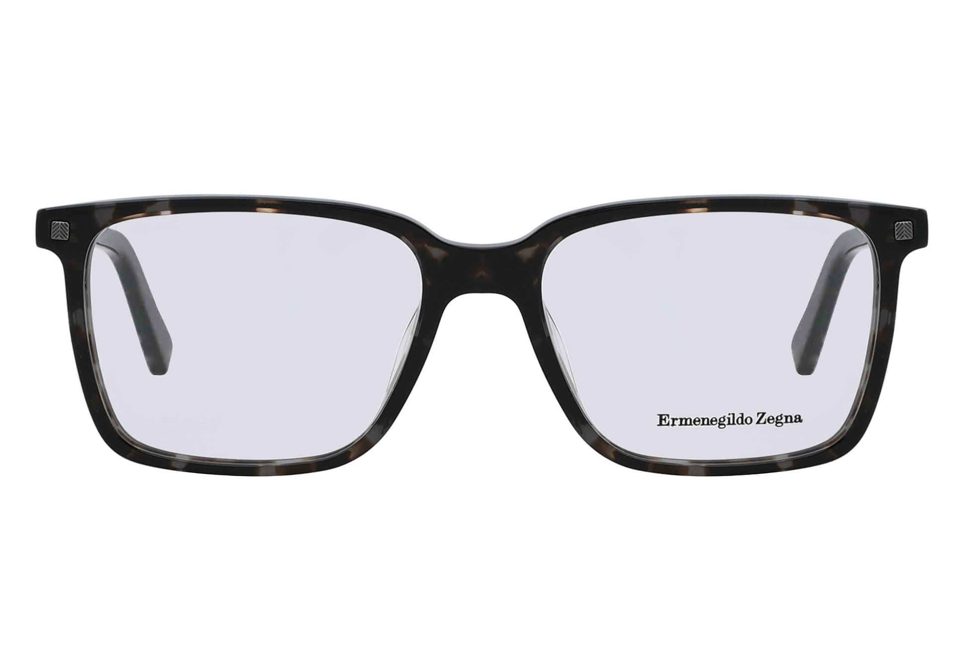 Black eyeglasses with 'Ermenegildo Zegna' branding on a white background