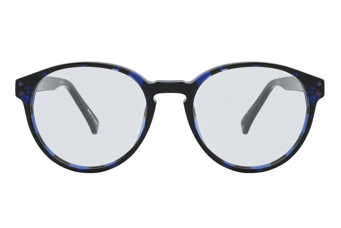 Round eyeglasses with blue and black frame on a white background