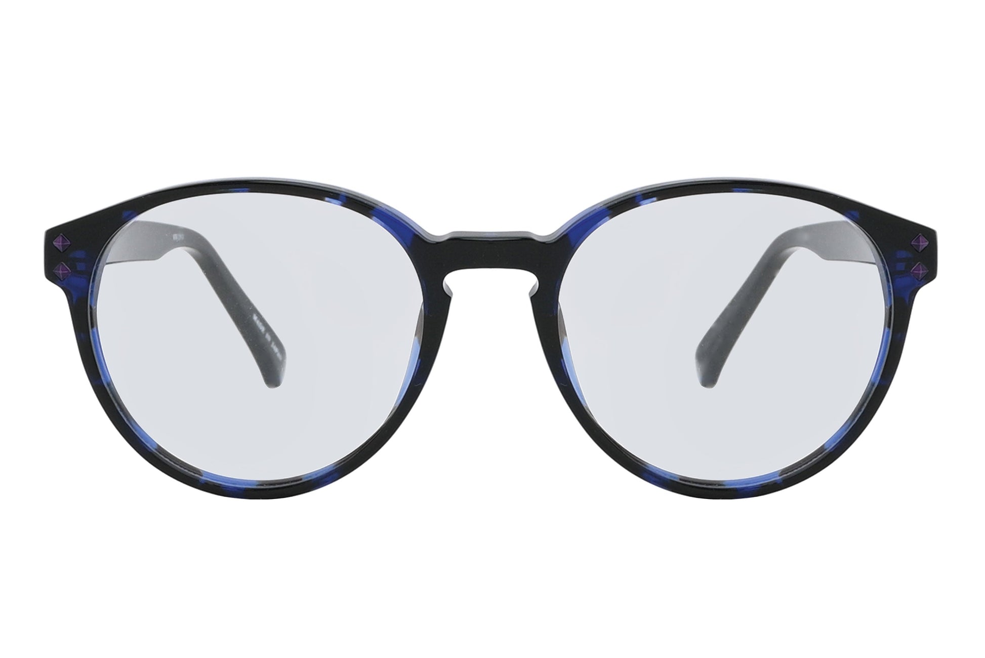 Round eyeglasses with blue and black frame on a white background