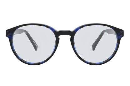 Round eyeglasses with blue and black frame on a white background