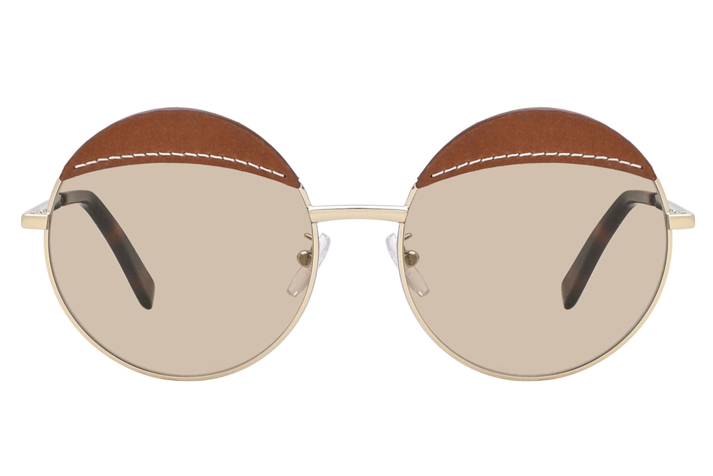 Round sunglasses with gold frame and brown accents on a white background