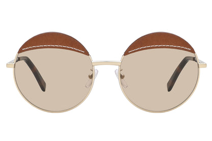 Round sunglasses with gold frame and brown accents on a white background