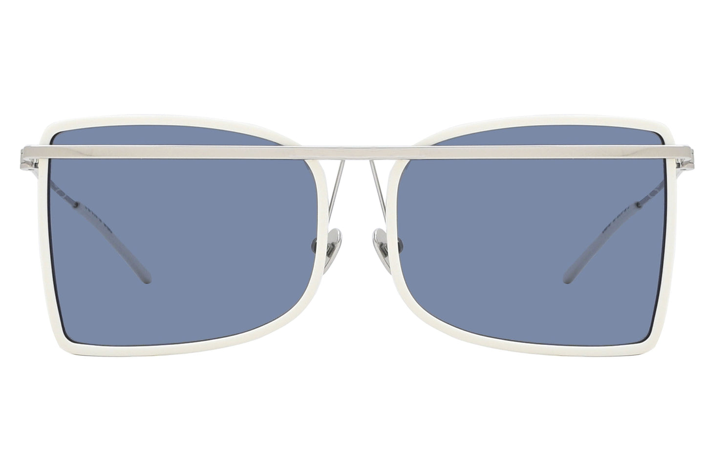 Sunglasses with white frame and blue lenses on a white background