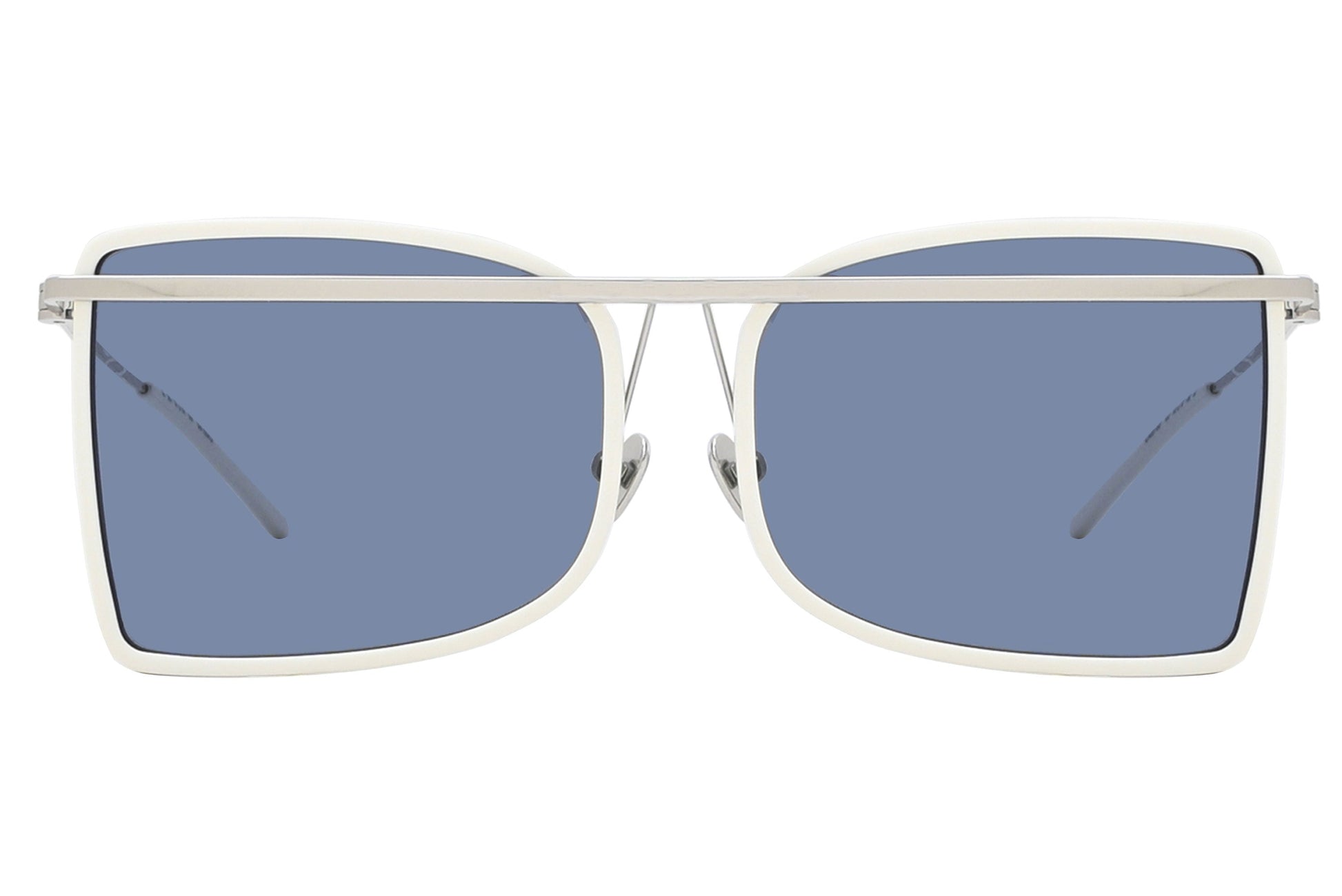 Sunglasses with white frame and blue lenses on a white background
