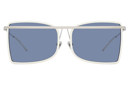Sunglasses with white frame and blue lenses on a white background