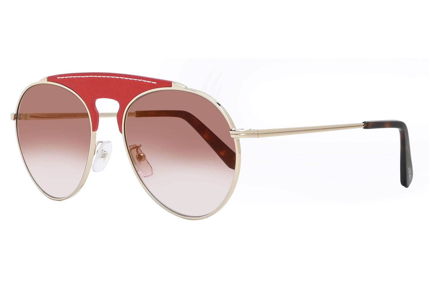 Sunglasses with red frame and gradient lenses on a white background