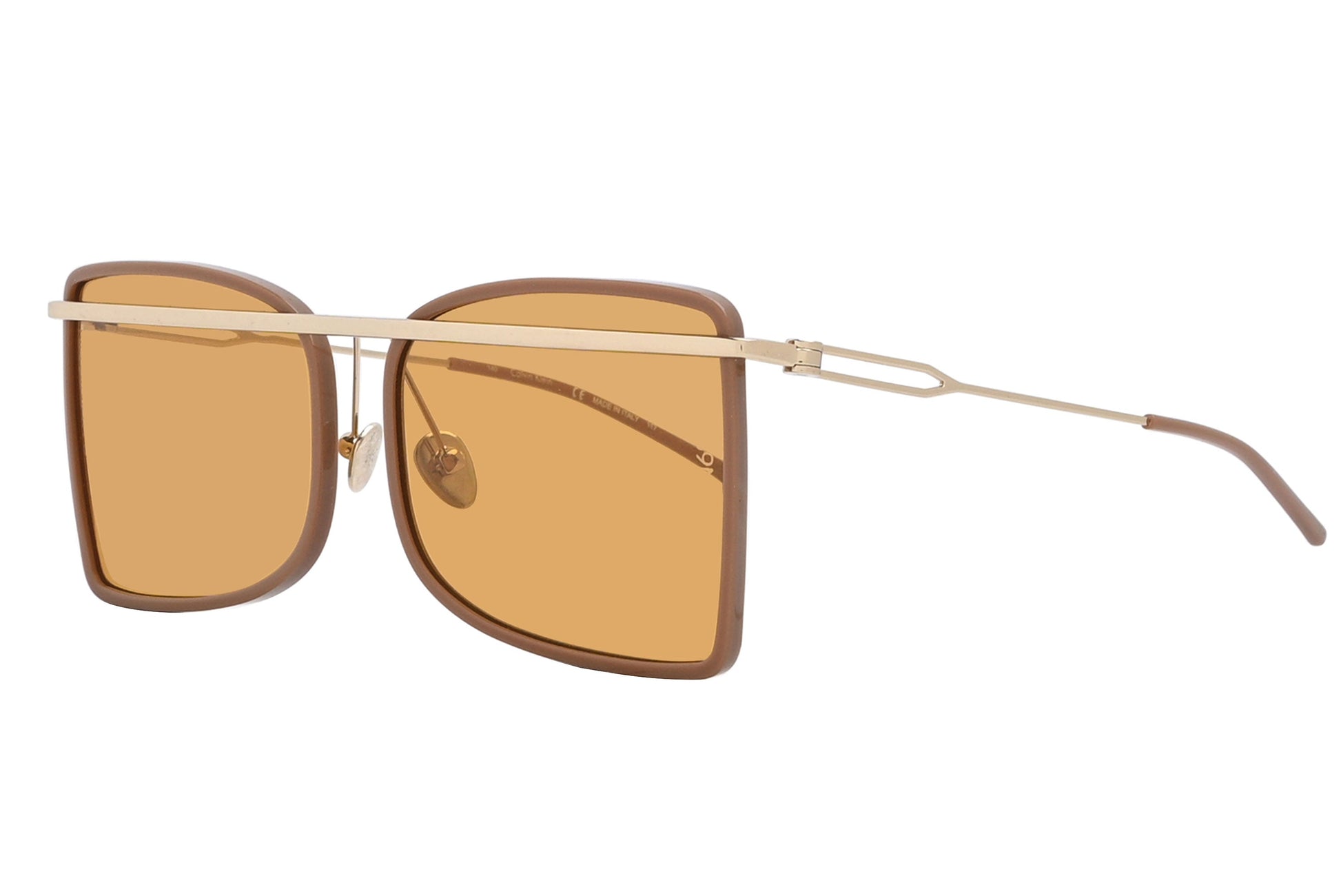 Sunglasses with gold frame and brown lenses on a white background
