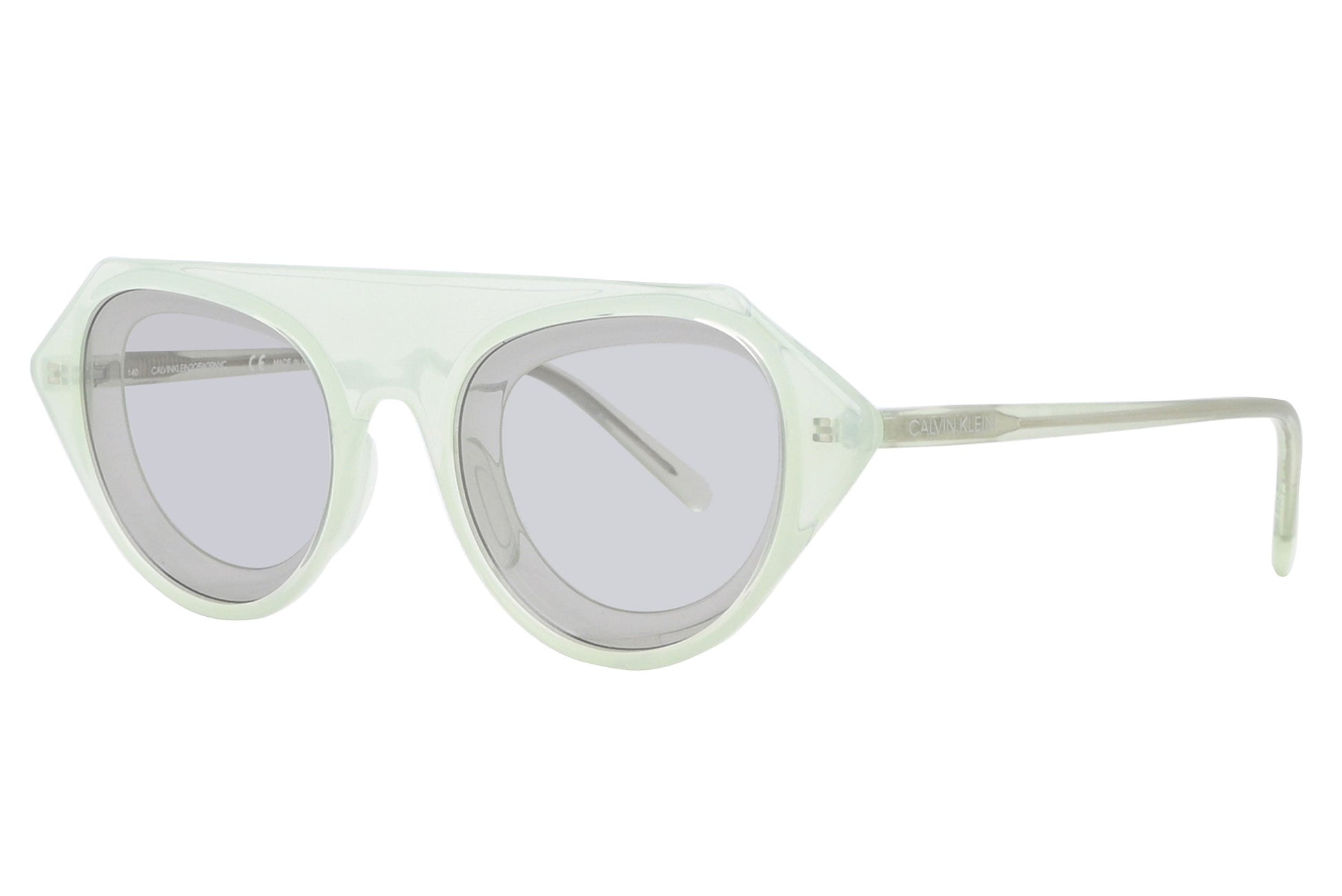 Sunglasses with a light green frame and clear lenses on a white background