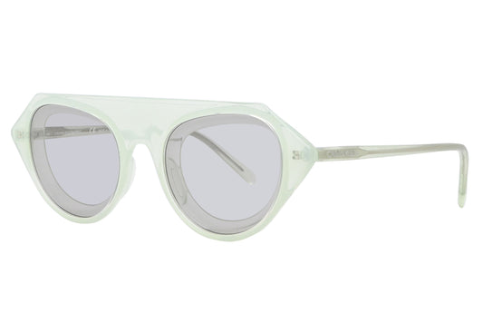 Sunglasses with a light green frame and clear lenses on a white background