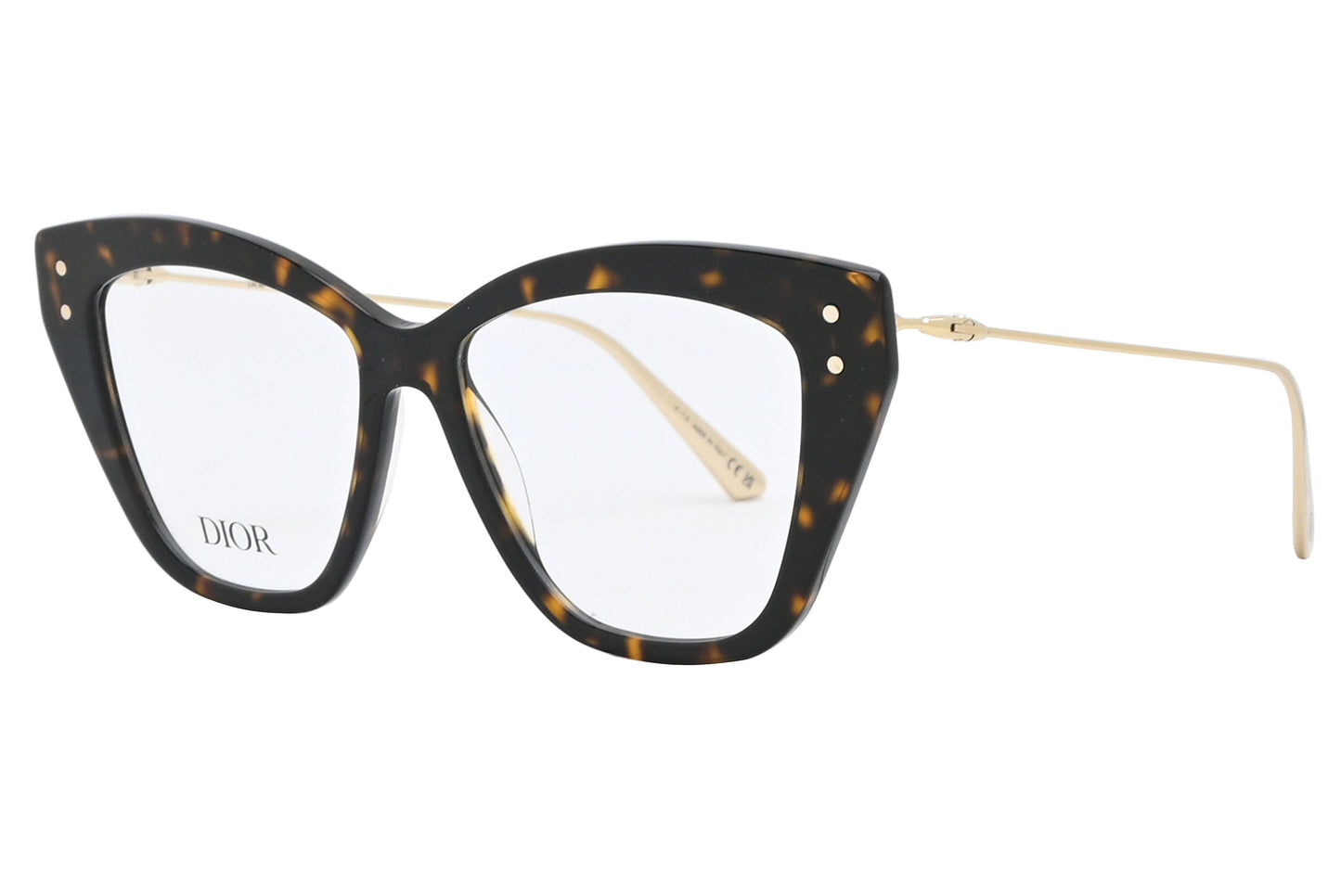 Cat-eye glasses with tortoiseshell frame and gold accents on a white background