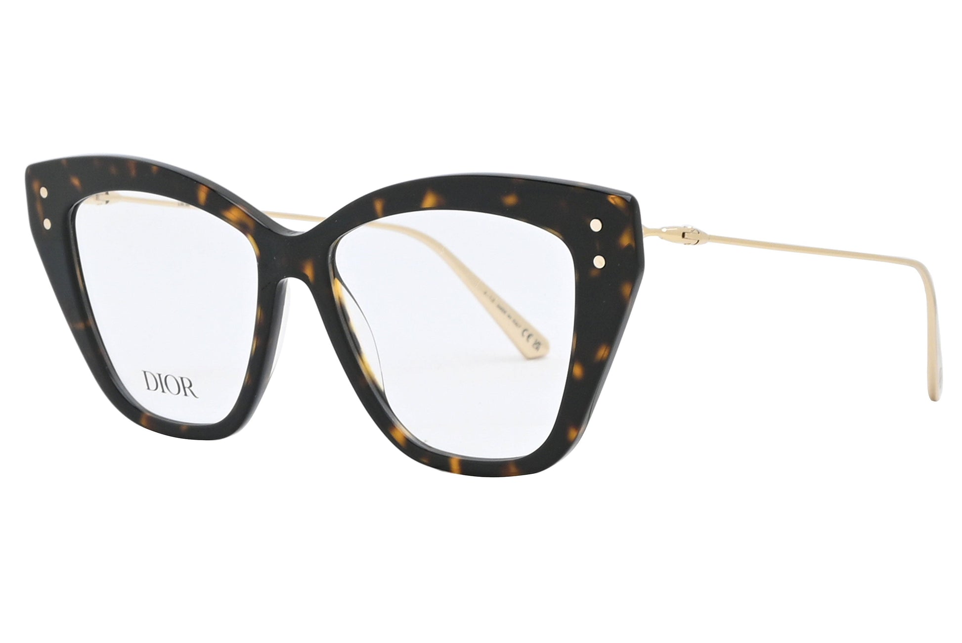Cat-eye glasses with tortoiseshell frame and gold accents on a white background