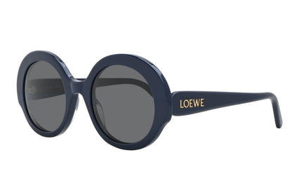 Navy blue sunglasses with 'Loewe' branding on a white background
