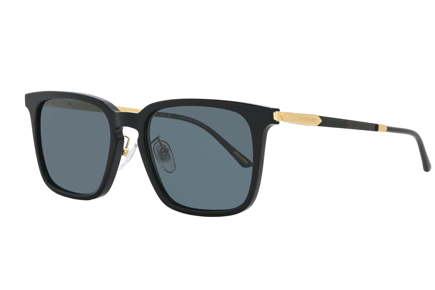 Black sunglasses with gold accents on a white background