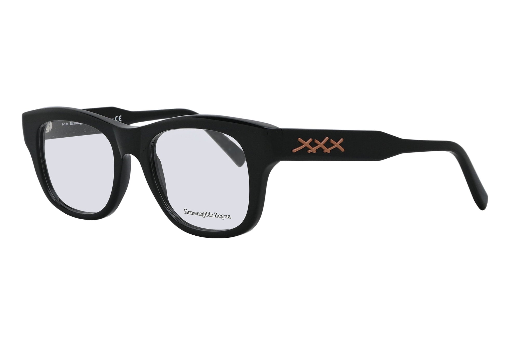 Black eyeglasses with a brand logo on a white background