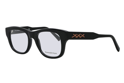 Black eyeglasses with a brand logo on a white background
