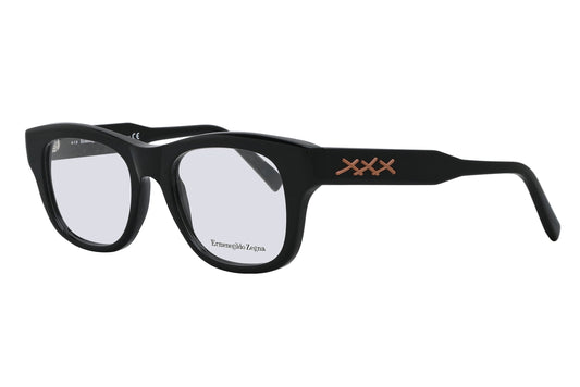 Black eyeglasses with a brand logo on a white background