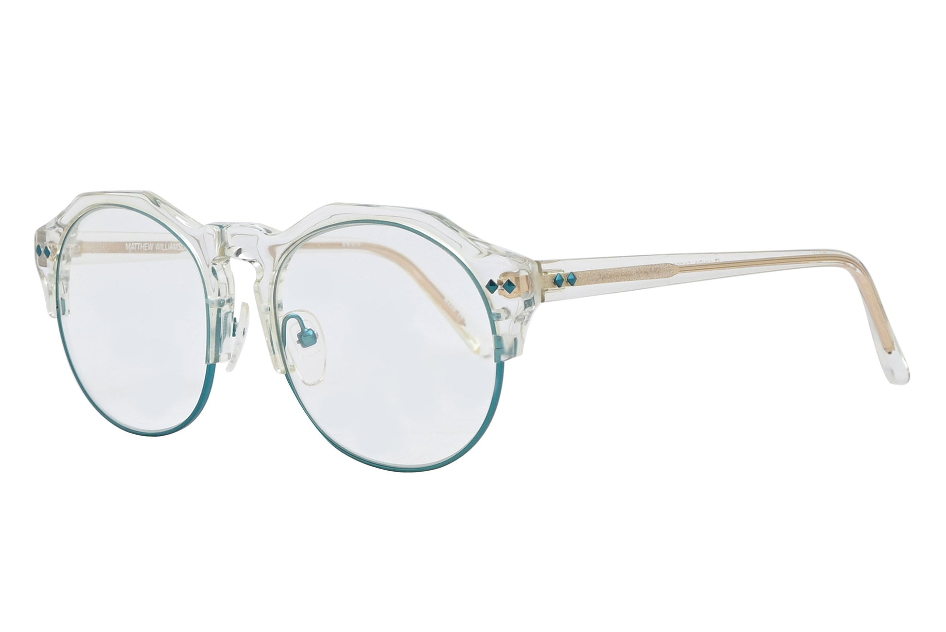 Round eyeglasses with clear frame and blue-tinted lenses on a white background