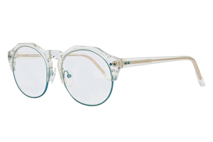 Round eyeglasses with clear frame and blue-tinted lenses on a white background