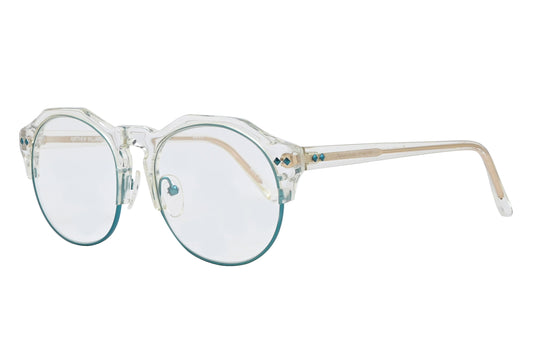 Round eyeglasses with clear frame and blue-tinted lenses on a white background