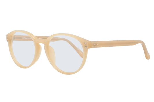 Beige eyeglasses with a white background