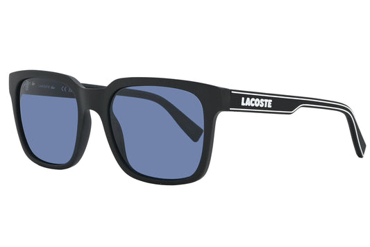 Black sunglasses with blue lenses on a white background