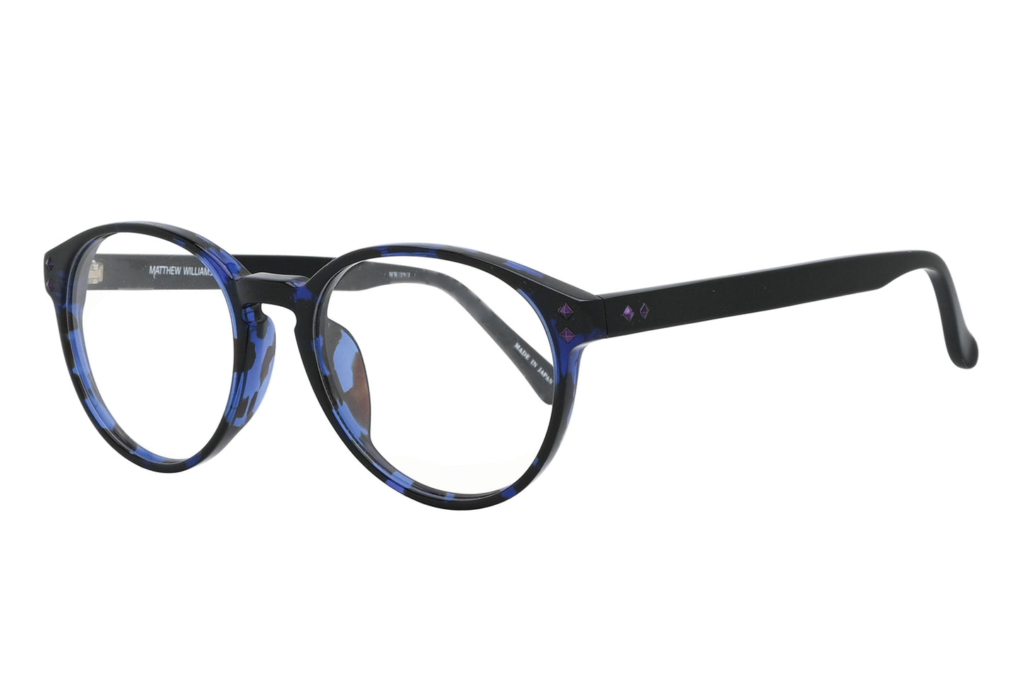 Round eyeglasses with black and blue frame on a white background