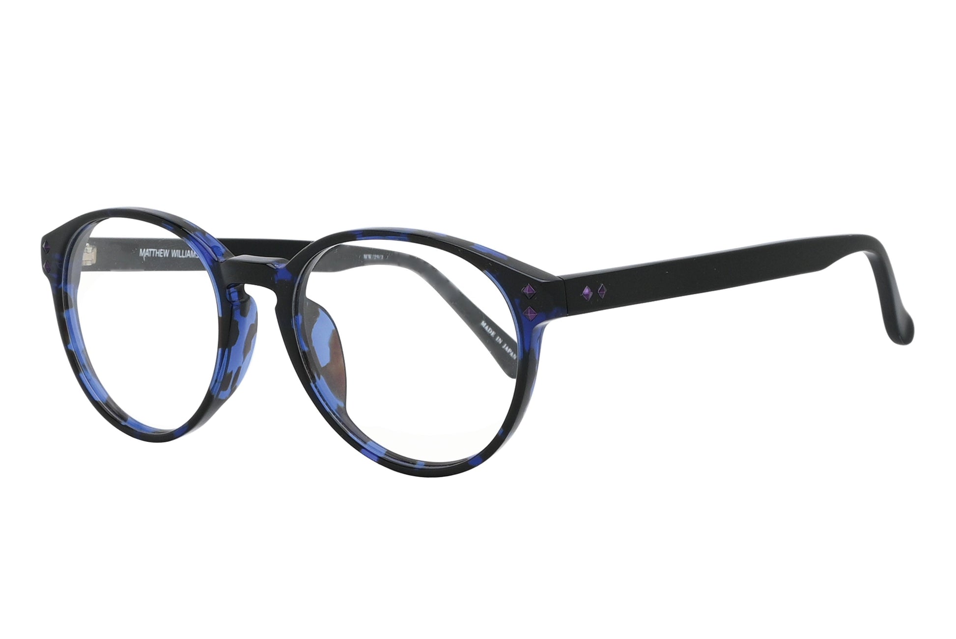 Round eyeglasses with black and blue frame on a white background