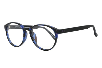 Round eyeglasses with black and blue frame on a white background