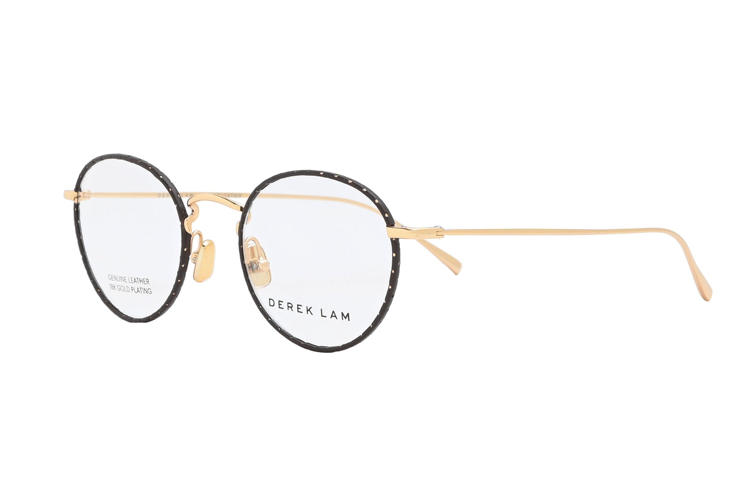Round eyeglasses with gold frame and black lenses on a white background