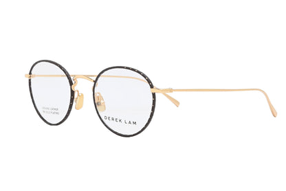 Round eyeglasses with gold frame and black lenses on a white background
