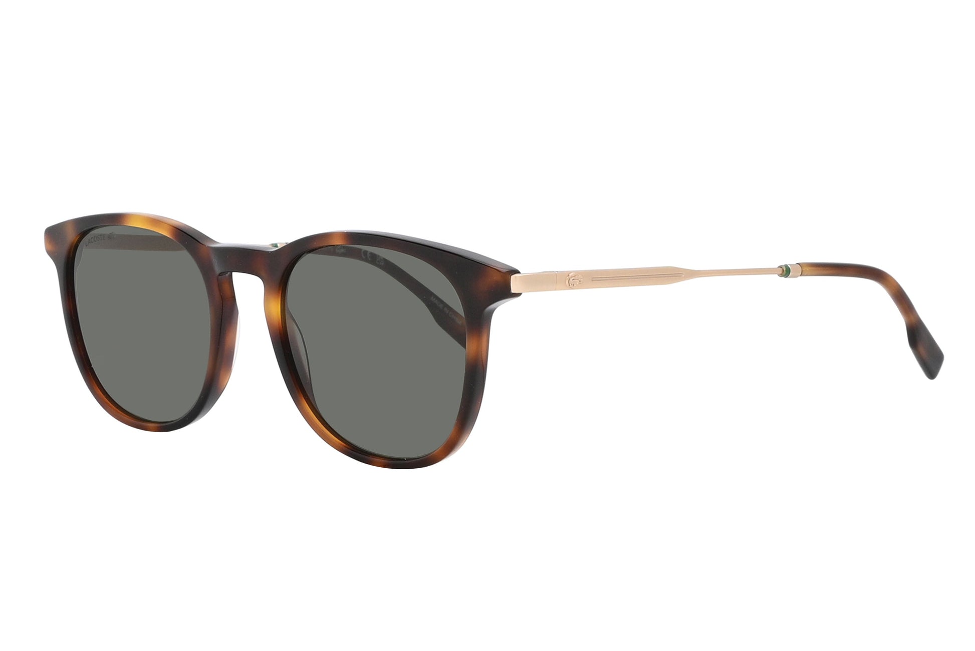 Sunglasses with tortoiseshell frame and dark lenses on a white background